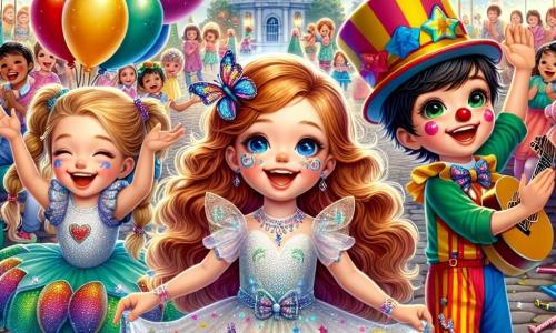 Una ragazza di 9 anni, Emma, con i capelli castani e ricci, indossa un costume di farfalla colorato con ali scintillanti. Il suo volto irradia gioia ed eccitazione mentre balla in mezzo alla festa. Accanto a lei, Marco, un ragazzo di 10 anni con capelli neri e occhi vivaci, indossa un costume da clown con un grande naso rosso e un sorriso contagioso. Tiene un palloncino a forma di animale e ride guardando Emma. Sofia, una ragazza di 9 anni con capelli biondi intrecciati, è travestita da principessa e applaude con entusiasmo, stando un po' indietro. Il luogo è una piazza animata, decorata con bandierine colorate e luci scintillanti, con bancarelle di giochi e dolcetti. Musicisti suonano musica gioiosa, e i bambini ridono e ballano attorno a una grande fontana al centro. La scena principale mostra Emma e i suoi amici mentre ballano e si divertono, circondati da colori vivaci e magia, mentre scoprono il tesoro nascosto del carnevale, simboleggiando l'amicizia e la gioia.
