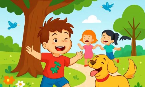 Un ragazzo di 8 anni, Max, con i capelli castani arruffati e occhi pieni di curiosità, balla felicemente attorno a un grande albero di quercia, con un ampio sorriso sul volto. Indossa una maglietta rossa con un disegno di dinosauro e un pantaloncino di jeans. Accanto a lui, il suo fedele cane Poldo, un golden retriever con il pelo dorato, salta con entusiasmo, con la lingua penzoloni e gli occhi brillanti di malizia. Il luogo è un parco soleggiato, con fiori colorati che costeggiano un sentiero di ghiaia, risate di bambini in sottofondo e uccelli che volano in un cielo azzurro. La scena principale mostra Max e Poldo che ballano e cantano attorno all'albero, circondati da alcuni bambini che si uniscono a loro, ridendo e divertendosi insieme, creando un'atmosfera gioiosa e festosa.