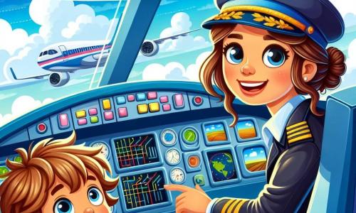 Una piloto mujer, la capitana Sofía, está en la cabina de un gran avión. Tiene el cabello castaño recogido en un moño y lleva una gorra azul y una chaqueta brillante. Su rostro irradia alegría y determinación, con una gran sonrisa que muestra su entusiasmo. A su lado, un niño de 7 años, Leo, con una carita redonda y cabello rubio despeinado, mira con asombro por la gran ventana de la cabina. Lleva una mochila roja y una bufanda amarilla que ondea ligeramente. La cabina está llena de botones de colores, pantallas luminosas y una vista espectacular de un cielo azul salpicado de nubes blancas. Al fondo, se ven nubes grises alejándose, dejando lugar a un sol radiante. La escena principal muestra a Sofía pilotando el avión con confianza, mientras Leo, cautivado, observa el hermoso paisaje debajo de ellos, donde se ven campos verdes y ríos brillantes.