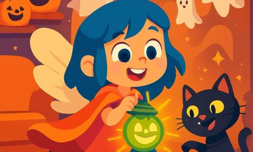 Luna, una niña con grandes alas morales y cabello azul, sonríe maravillada, sosteniendo una linterna mágica verde que brilla intensamente en sus manos. Lleva una capa naranja que flota a su alrededor, y sus ojos brillan de emoción. A su lado, Don Melindres, un gran gato negro con ojos amarillos chispeantes, se mantiene sobre sus patas traseras, jugando con un pequeño ratón de juguete, mostrando una expresión traviesa. El escenario es una sala cálida, decorada con calabazas sonrientes, fantasmas de tela flotantes y luces centelleantes que bailan en las paredes. Sombras bailan alegremente a su alrededor, creando una atmósfera mágica y festiva. La situación principal muestra a Luna y Don Melindres divirtiéndose juntos, rodeados de sus amigos fantasmas y calabazas, en un ambiente alegre y lleno de risas, celebrando Halloween con magia y felicidad.
