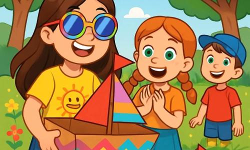 Una ragazza di 10 anni, Chiara, con lunghi capelli castani e occhiali da sole colorati, sorride allegramente mentre tiene una grande barca di cartone decorata con colori vivaci. Indossa una maglietta gialla con un sole sorridente e shorts di jeans. Accanto a lei, Emma, una ragazza di 10 anni con trecce rosse e lenti verdi, applaude con entusiasmo, gli occhi brillanti di eccitazione. Un po' più in là, Luca, un ragazzo di 10 anni con capelli castani e un cappellino blu, osserva la barca galleggiare nel piccolo lago, con un grande sorriso sul volto. Il luogo è un parco verdeggiante, con alberi maestosi e un cielo blu splendente. Il lago scintilla sotto il sole, circondato da fiori colorati e risate di bambini. La scena principale mostra Chiara e i suoi amici che celebrano il successo della loro barca di cartone che galleggia graziosamente sull'acqua, circondati da un'atmosfera di gioia e amicizia.