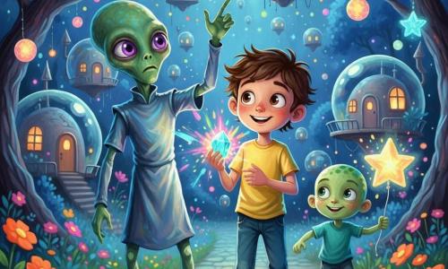 Hay 3 personajes: Lucas, niño de 9 años, pelo castaño despeinado, ojos redondos y curiosos, camiseta amarilla y vaqueros, sostiene un pequeño cristal luminoso en la mano derecha y sonríe caminando en el centro; Zulu, extraterrestre adulto de piel verde satinada, tres brazos finos y grandes ojos amatista, con una túnica irisada azul-plata, a la izquierda de Lucas mostrando las luces; Tiki, extraterrestre niño de piel verde clara con manchas y ojos pícaros, sostiene un globo luminoso en forma de estrella y corre a la derecha mirando el cristal. Lugar: pueblo nocturno de Zog con casas burbuja translúcidas flotantes, árboles azul cobalto de hojas cristalinas, flores neón naranja y magenta y un camino empedrado de piedras luminosas que centellean como luciérnagas. Situación: fiesta de las luces — los tres reúnen el cristal de energía para encender las casas; estallidos de color (turquesa, rosa, amarillo) salen del cristal, reflejos brillantes en los rostros, ambiente cálido y de asombro, composición centrada en el trío rodeado de decoraciones flotantes.