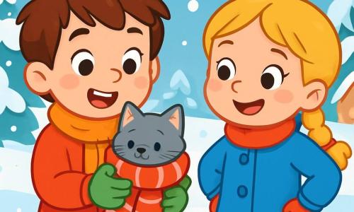 A 6-year-old boy, Max, with messy brown hair and rosy cheeks, smiles in wonder as he holds a small gray kitten in his arms, wrapped in a red and white striped scarf. Next to him, a 6-year-old girl, Emma, with braided blonde hair and a bright blue coat, looks at the kitten with sparkling eyes, hands on her hips. They are in a snowy garden, where snowflakes gently fall, covering the ground with a thick layer of shiny snow. The scene is filled with winter magic, with snow-laden trees and snow-covered rooftops in the background, creating a warm and joyful atmosphere. Max and Emma, surrounded by sparkling snow, share a tender moment as they help the lost kitten.