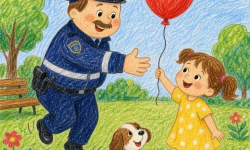 Een glimlachende, mollige agent met glanzend blauw petje en donkerblauwe jas met reflecterende strepen reikt om een rood, glanzend ballonnen terug te geven aan een meisje van ongeveer vijf in een gele jurk met witte stippen en bruine staartjes die aan het touwtje trekt; hij springt lichtjes op zijn tenen en heeft een zacht gezicht en kleine snor, naast hen zit een klein wit-bruin gevlekt hondje kwispelend op het groene gras in een park met ronde bomen, een bruine houten bank links en rode en blauwe bloemen, onder een lichtblauwe lucht, vriendelijke gezichten, felle kleuren en eenvoudige krijtachtige lijnen.