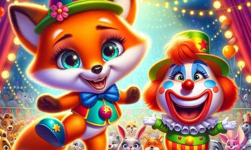 Al centro dell'immagine, Rocco, una giovane volpe dai peli arancioni vivaci e dagli occhi scintillanti di malizia, sta danzando gioiosamente sul palco, con un grande sorriso che esprime il suo entusiasmo. Indossa un piccolo cappello da clown colorato e delle scarpette brillanti che scintillano sotto i riflettori. Alla sua destra, Baldo, il clown birichino, con il suo naso rosso tondo e i capelli arruffati, ride a crepapelle applaudendo Rocco. Indossa un costume multicolore con grandi scarpe sproporzionate, aggiungendo un tocco comico alla scena. Sullo sfondo, la grande tenda del circo è decorata con luci scintillanti e bandierine colorate, mentre il pubblico di animali, composto da elefanti, conigli e uccelli, osserva con meraviglia, gli occhi brillanti di eccitazione. La scena si svolge in un'atmosfera festosa, dove Rocco, pieno di gioia e determinazione, si prepara a compiere un grande salto, mentre Baldo incoraggia il suo amico con un grande sorriso. L'atmosfera è piena di risate e colori vivaci, catturando la magia del Circo delle Meraviglie.