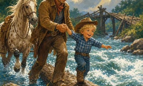 A tanned-faced cowboy with a thin mustache, brown hat and dusty leather jacket wears a determined, reassuring expression as he firmly holds the hand of a four-year-old boy with tousled blond hair, laughing eyes, a small blue plaid shirt and mini cowboy hat while the child carefully steps along a large log; a spotted mare named Daisy with a flowing mane and rain-slick flanks stands behind them with a raised hoof ready to cross; they traverse a wide, fast river with white rapids, pebble banks, tall wet grass, dark-leaved trees and a broken bridge in the background after a storm, water splashing under a still-cloudy sky pierced by sun rays, evoking adventure and solidarity.