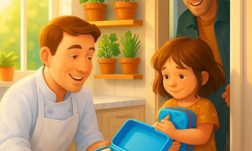 A kind smiling chef in his thirties with short brown hair and a white apron dusted with flour crouches to hand a colorful plastic lunchbox to a shy 8-year-old girl, Lila, with messy brown hair in a cat-print dress who holds it to her chest, while the father, about 40, stands in the doorway smiling gratefully; bright modern kitchen with white marble counters, a light-wood herb shelf (basil, mint, parsley, chives), morning light, small flour spots and shiny utensils; lunchbox open showing basil-topped sandwich triangles, cucumber wedges, carrot ribbons and strawberries with mint; warm, vibrant colors, soft depth of field, realistic textures, modern gradient-mesh graphic style with clear silhouettes, child-friendly shapes.