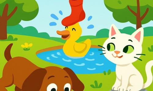 A joyful dog, Benny, with brown fur and floppy ears, is desperately searching for his red sock. His eyes shine with excitement and curiosity as he eagerly sniffs the ground. Next to him, Bella, a graceful cat with white fur and green eyes, watches with a mischievous smile, sitting on a stone, ready to help. Further away, Momo, a duck with bright yellow feathers, is splashing water from the lake, wearing the red sock on his head like a hat. The setting is a lovely sunny park with lush trees, colorful flowers, and a sparkling pond. The scene depicts Benny and Bella searching for the sock while Momo waddles joyfully, creating a fun and lively atmosphere.