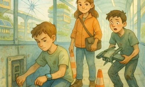 A 12-year-old boy (Milo) kneels before a small technical box set into the glazed corridor wall, focused with furrowed-but-soft brows, thin quick hands, pale green oil-stained tee and worn jeans, plugging in a glowing cable while checking his wrist display; beside him a confident 12-year-old girl (Zia) in a light orange jacket with a tool satchel sets safety cones at the glazed passage entrance, and a slightly older girl (Nova, ~13) crouches back a little, short-haired and grease-stained, holding a flat service drone with folded wings, worried but relieved, watching a fan-shaped crack in the glass; the setting is the Windowway of an old-quarter in a futuristic city—an elevated glass-paneled corridor with slim metal bays, visible modular joints, thin LED edge lights, rooftop gardens and stacked modules in the background; the repair is underway: Milo resynchronizes a sound unit, Nova prepares a resin tape from her drone, Zia secures the passage as the crack slowly seals, the mood one of cooperation and focus in soft watercolor tones (pale blues, grassy greens, warm golds) with controlled splashes suggesting urban vibrancy.
