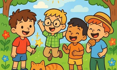 There are 4 children: Pip, a 4-year-old boy with messy brown hair and a mischievous smile, wearing a red t-shirt and blue shorts, holding a sparkling magic wand; Max, a 4-year-old boy with blond hair and round glasses, dressed in a green plaid shirt and beige pants, jumping with joy next to Pip; Jax, a 4-year-old boy with black hair and freckles, wearing an orange t-shirt and yellow shorts, laughing while holding a cookie; and Toby, a 4-year-old boy with red hair and a straw hat, laughing with a cookie that just jumped into his mouth, dressed in a light blue t-shirt and green pants. The children are in a sunny garden filled with colorful flowers and tall green trees. In the center, a large green lawn is dotted with shiny puddles, and a soft-furred cat relaxes nearby. The main scene shows the children trying to do magic with the wand. Pip points the wand at the cat while Max, Jax, and Toby watch with wide eyes, laughing and waiting for the cat to say 