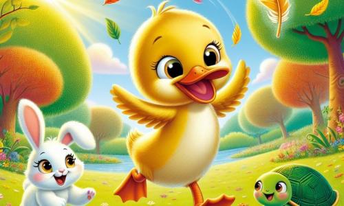 Dilly, the joyful duck, has shiny yellow feathers and a big smile on her face. She is running enthusiastically with her wings slightly spread to catch her precious golden feather flying in the air. Next to her, Bella, the little rabbit with big ears and white fur, jumps excitedly, her eyes sparkling with encouragement. Tilly, the turtle with a green shell and mischievous eyes, moves quickly on her little legs, watching Dilly with admiration. The scene takes place in a beautiful clearing surrounded by trees with vibrant leaves and colorful flowers dancing in the wind. The sun shines brightly, illuminating the sparkling stone path leading to the golden feather. The main situation shows Dilly in full sprint, determined to catch her flying feather while her friends cheer her on, creating an atmosphere of friendship and adventure.