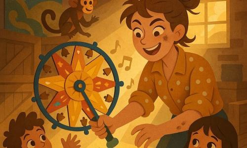 A mischievous, smiling female inventor with chestnut hair in a messy bun, grease-stained fingers and rolled-up polka-dot sleeves gently turns the colorful wooden-and-metal "Sunshine Spinner" wheel that emits dancing shadows and soft chimes; nearby an astonished curly-haired boy, about eight, raises his hands, a shy six-year-old street girl in a red-and-yellow striped dress clutches a stuffed toy and watches the projected light, and a curious squirrel-monkey with a bushy tail perches on a windowsill as if applauding, all inside an old wooden theater with worn floors, painted backdrops, dusty chandeliers, stacked crates and golden light streaming through a high window.