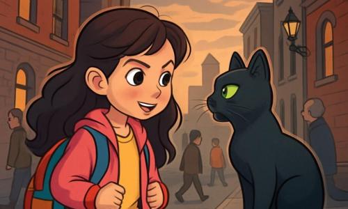 O fetiță de 8 ani, Mara, cu părul lung și ondulat, ochi strălucitori de curiozitate și un zâmbet hotărât, stă în mijlocul unei străzi, observând un motan negru cu ochi verzi strălucitori, care îi vorbește grav. Mara poartă un rucsac colorat și o jachetă roz. Motanul, cu blana lucioasă și o coadă elegantă, stă pe o piatră, privind-o intens, ca și cum ar ști un secret important. În jur, clădirile înalte din cărămidă gri se înghesuie, iar feroneria veche strălucește în lumina palidă a apusului, creând o atmosferă misterioasă. Pe trotuar, câțiva trecători grăbiți, cu fețe îngrijorate, trec pe lângă ei, ignorând magia din jur. În fundal, cerul este acoperit de nori cenușii, iar o briză ușoară aduce un miros de fum și iarbă arsă. Mara, cu inima bătându-i repede, se pregătește să dezvăluie misterul orașului, ascultând cu atenție cuvintele motanului care îi cere ajutorul.