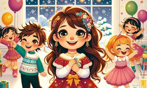 Una bambina di 3 anni, Sofia, con lunghi capelli castani e occhi scintillanti di gioia, è al centro dell'immagine. Indossa un bel vestito rosso con motivi di fiocchi di neve e sorride ampiamente, tenendo palloncini colorati nelle mani. Accanto a lei c'è il suo amico Marco, un ragazzo di 4 anni con capelli biondi arruffati e un maglione verde, che ride mentre tiene un biscotto in mano. Poco più in là, Giulia, una bambina di 3 anni con capelli castani e un vestito rosa, balla felicemente agitando festoni. La scena si svolge in un salotto accogliente, decorato con ghirlande scintillanti e luci colorate, con un grande tavolo pieno di deliziosi biscotti e bevande frizzanti, mentre una finestra mostra la neve che cade dolcemente all'esterno. La situazione principale mostra Sofia e i suoi amici che celebrano il Capodanno, circondati da decorazioni festive, ridendo e giocando insieme, pieni di eccitazione e aspettativa per il nuovo anno in arrivo.