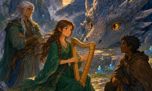 Aria, jovem mulher (~18 anos) ao centro, concentrada e serena, cabelos castanhos compridos trançados, vestido verde-esmeralda agitado pelo vento, segurando uma harpa de madeira clara com runas e tocando uma melodia, olhos brilhando com luz suave; Eldrin, elfo homem (~40 anos) à esquerda um pouco atrás, cabelos prateados e orelhas pontiagudas, sorriso benevolente, braços cruzados, observando como guia; Lys, jovem homem (~20 anos) à direita, casaco marrom, postura alerta mas tranquila, segurando uma capa e olhando para Aria. Cenário: desfiladeiro rochoso ao crepúsculo, paredes de pedra cinzenta, musgo verde, pequenos cristais azuis incrustados e névoa leve no chão. Ao fundo, grande dragão de pedra de escamas fissuradas despertando, olhos âmbar iluminados, focinho sobre uma laje, expressão de espanto mais que ameaça. Situação principal: Aria toca uma música calmante que desperta e convence o dragão; a cena mostra o primeiro olhar trocado entre musicista e criatura, atmosfera mágica, cores quentes no centro (laranjas e verdes) contrastando com azuis frios ao fundo. Estilo guache, traços suaves, texturas visíveis de pincel, composição centrada e legível para crianças, ambiente heroico e reconfortante.