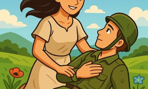 Giulia, una donna di circa trent'anni, si trova con determinazione in mezzo a un campo verdeggiante, i suoi lunghi capelli castani che fluttuano nel vento. Il suo viso esprime profonda compassione, con occhi brillanti e un sorriso rassicurante. Indossa un semplice vestito di lino, leggermente stropicciato, e tiene tra le braccia un giovane soldato ferito, Marco, un ragazzo di circa 20 anni, con capelli castani e lineamenti segnati dalla fatica. Marco, sdraiato sull'erba, guarda Giulia con gratitudine, la mano posata sul cuore. Il paesaggio è rurale, con colline verdi sullo sfondo, fiori colorati sparsi intorno a loro e un cielo blu punteggiato di nuvole bianche. La luce del sole illumina la scena, creando un'atmosfera calda e piena di speranza. La situazione principale mostra Giulia che si prende cura di Marco, offrendogli un sostegno inestimabile in un momento di vulnerabilità, simboleggiando l'amicizia e la solidarietà di fronte all'avversità della guerra.