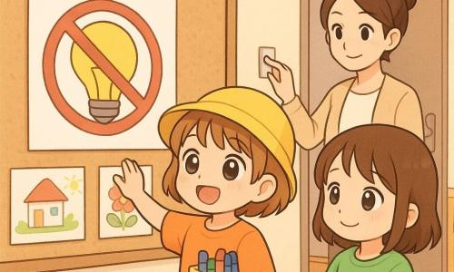 Marta, 4 anni, allegra e orgogliosa, con cappello giallo tondo e capelli castano chiaro corti, incolla contro il pannello un grande disegno colorato che mostra una lampadina barrata, mentre le lucine sulla bacheca vengono spente; accanto a lei Nora, circa 4 anni, timida ma sollevata, pelle chiara e capelli castani medio-lunghi, sorride guardando il disegno; un'insegnante donna di 30–40 anni, gentile coi capelli raccolti, è appena dietro vicino alla porta e preme un pulsante per spegnere le lucine; ingresso di un asilo luminoso e tranquillo con panche basse, armadietti colorati, pavimento in parquet chiaro e adesivi di passi; atmosfera dolce in stile manga infantile, colori pastello e texture da feltro e carta, composizione centrata sulle due bambine e sul pannello.