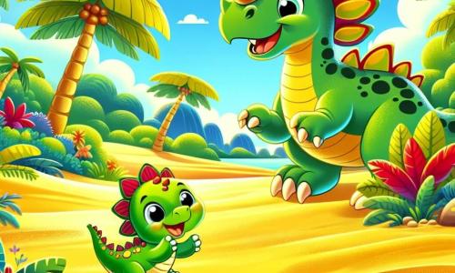 Un piccolo stegosauro di nome Dino, con la pelle verde e placche colorate sulla schiena, esprime grande gioia saltando sulla spiaggia di sabbia dorata, con gli occhi scintillanti di eccitazione. Accanto a lui, un triceratopo di nome Tino, con un grande cranio e corna maestose, sorride guardando Dino, pronto a seguirlo nell'avventura. Sullo sfondo, una foresta lussureggiante con alberi giganti dalle foglie brillanti e fiori colorati si estende fino all'orizzonte, mentre un cielo blu splendente illumina la scena. Dino e Tino si preparano a partire alla ricerca dell'alleato leggendario, pieni di entusiasmo e amicizia, pronti a esplorare l'isola misteriosa.