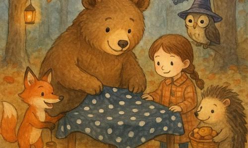 Arturo, un grande orso bruno dal pelo morbido che sistema con un sorriso una lunga tovaglia nera a pois bianchi; Lilla, una piccola volpe rossa che posiziona lanterne di carta; Romano, un riccio rotondo che porta un cesto di biscotti; una bambina con i capelli castani intrecciati che tocca timidamente un pois della tovaglia; attorno, un castoro con una bisaccia lucida, due pipistrelli amichevoli e un gufo magico osservano sorridendo in una radura autunnale con foglie arancioni e rosse, pini scuri, lanterne sospese e una luna pallida: una festa di Halloween dolce e accogliente su toni pastello, luci soffuse e atmosfera incantata.