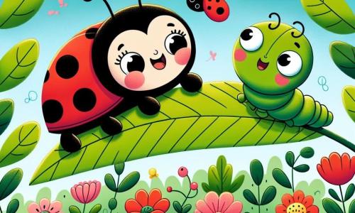Una pequeña mariquita roja con puntos negros, llamada Lili, vuela alegremente sobre una hoja verde, mostrando una gran sonrisa y ojos brillantes de entusiasmo. Ella intenta ayudar a una oruga verde llamada Oliver, que está atrapada entre dos ramas, luciendo inquieta y triste, con grandes ojos redondos que expresan su angustia. El jardín está colorido, lleno de flores brillantes en tonos vivos de rosa, amarillo y azul, bajo un cielo azul claro salpicado de algunas nubes blancas esponjosas. La escena principal muestra a Lili usando sus pequeñas alas para empujar suavemente la rama, mientras Oliver, con sus pequeñas patas, intenta liberarse, rodeado de la belleza del jardín.