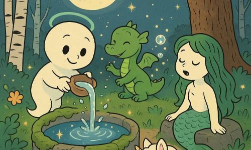 Un piccolo fantasma ragazzo dal sorriso tenero e occhi curiosi, corpo rotondo e sfumato color latte con un leggero alone azzurro, versa una piccola coppa di rugiada in una fonte circolare di pietra coperta di muschio; accanto a lui un piccolo drago verde chiamato Brillo, dalle scaglie lisce e gli occhi dolci, soffia bolle d’acqua luccicanti sopra la fontana; una sirenetta del ruscello dai capelli di alghe verdi e pelle perlata siede su una pietra bassa e canta facendo vibrare la superficie dell’acqua; una piccola unicorno bianco dal pelo soffice annusa semi posati sulla riva; sullo sfondo un grande quercia antica e un boschetto di betulle sotto una grande luna argentata, fiori assopiti tutto intorno e l’acqua limpida che riflette stelle e lucciole; situazione principale: il fantasma cura la fonte versando la rugiada mentre il drago soffia bolle, la sirenetta canta e l’unicorno pianta semi — scena dolce, luminosa e piena di gesti premurosi.