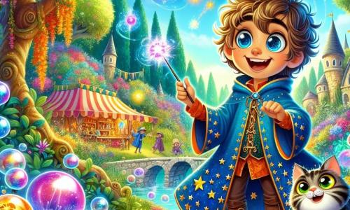 Al centro dell'immagine, un giovane apprendista stregone di nome Tito, un ragazzo di dieci anni con capelli arruffati e scintille magiche che danzano intorno a lui, esprime grande gioia e un pizzico di eccitazione. Indossa una veste da stregone blu decorata con stelle dorate e tiene una bacchetta magica scintillante nella mano destra, pronto a lanciare un incantesimo. Accanto a lui, Micio, un gatto tigrato dagli occhi brillanti e maliziosi, si trova su una roccia, osservando Tito con un sorriso divertito. Il paesaggio è un magnifico giardino incantato, pieno di fiori colorati che sembrano danzare al ritmo di una dolce brezza. Gli alberi maestosi circondano lo spazio, le cui foglie scintillano sotto il sole. In lontananza, si intravede un piccolo mercato magico con bancarelle di pozioni e bacchette. La scena principale mostra Tito mentre prepara una pozione magica, mentre bolle colorate escono dal calderone, creando un'atmosfera sia magica che giocosa. Fiori iniziano a crescere in modo inaspettato, aggiungendo un tocco di umorismo alla scena.