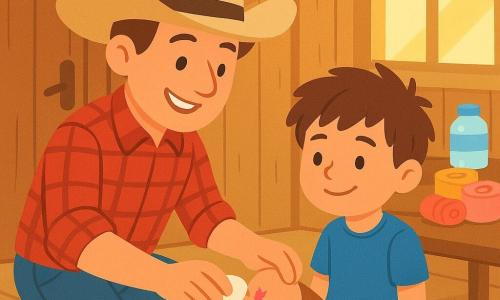 Un cowboy, Marco, sorridente e determinato, indossa un grande cappello da cowboy beige, una camicia a quadri rossa e jeans blu. Sta curando un bambino di circa 6 anni, seduto per terra, con un leggero sorriso di gratitudine. Il ragazzo ha i capelli castani disordinati e indossa una maglietta blu. La scena si svolge in una piccola infermeria di legno, con pareti di tavole e una porta di legno che scricchiola. All'interno ci sono un tavolo di legno rustico, bende colorate e bottiglie d'acqua su uno scaffale. Marco, con dolcezza, pulisce un piccolo graffio sulla gamba del ragazzo, usando una garza bianca. Il sole brilla attraverso la finestra, illuminando la stanza con una luce calda e dorata.