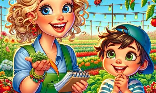A young woman named Mia, with curly golden hair, is wearing a green overall and yellow rubber boots. She smiles joyfully, her eyes sparkling with excitement, as she holds a small notebook in one hand and a fresh carrot in the other. Next to her, a little boy about 7 years old, wearing a blue cap and a striped t-shirt, watches in wonder a ladybug on a leaf, his eyes wide and bright. In the background, a colorful field of rowed vegetables, with red tomatoes, orange carrots, and green beans, stretches under a bright blue sky. The scene takes place in a sunny garden, where the flowers gently sway in the breeze. Mia and the little boy are discovering the wonders of the garden, laughing and sharing their joy of nature.