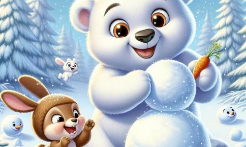 Un giovane orso di peluche di nome Bruno, con un pelo morbido e bianco come la neve, è in piedi al centro della scena, con gli occhi brillanti di eccitazione e un ampio sorriso sul volto. Sta costruendo un grande pupazzo di neve, rotolando con entusiasmo delle palle di neve. Accanto a lui, un coniglietto di nome Nino, con un pelo marrone e grandi orecchie, salta gioiosamente, gli occhi scintillanti di gioia. Tiene una carota tra le zampe anteriori, pronto ad aggiungerla al viso del pupazzo di neve. La scena si svolge in una foresta incantata, dove grandi alberi sono coperti da un spesso manto di neve scintillante. Il terreno è tappezzato di fiocchi bianchi, e fiocchi di neve cadono dolcemente dal cielo azzurro, creando un'atmosfera magica invernale. Bruno e Nino stanno costruendo il loro pupazzo di neve, ridendo e divertendosi insieme, mentre il pupazzo prende forma, con un grande sorriso e un cappello colorato, pronto a prendere vita in questa avventura invernale.