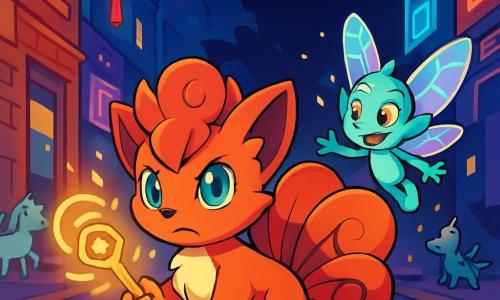 Un tânăr vulpix, Ril, cu un blană roșie strălucitoare și ochi verzi sclipitori, stă în centrul unei străzi aglomerate, având un aer hotărât și curios. Coada sa pufoasă se ridică în spatele lui, captând lumina felinarelor strălucitoare. Lângă el, Zefra, un mic spirit cu aripi de sticlă strălucitoare și piele irizată, zboară vesel, cu ochii strălucind de neastâmpăr și excitație. Decorul este o stradă urbană magică, unde clădiri din cărămidă veche se îmbină cu structuri moderne, iluminate de neonuri colorate și felinare flotante. Creaturi fantastice, precum unicorni miniatură și dragoni de buzunar, se strecoară printre trecători. Scena îi reprezintă pe Ril și Zefra, pregătiți să înfrunte umbra amenințătoare care se întinde asupra orașului, cu scântei de lumină magică emanând din cheia aurie pe care Ril o ține ferm în labe.