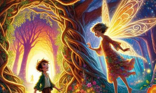 Oliver, a 10-year-old boy with tousled hair and sparkling curious eyes, stands in the center of the image, his face lit up with wonder as he discovers a magical archway made of intertwined branches, illuminated by golden glimmers of light. Beside him, Lila, a graceful fairy about 8 years old with shimmering wings like dewdrops and a dress made of flower petals, hovers slightly above the ground, a supportive smile on her lips. The setting is an enchanted forest, where majestic trees with gnarled trunks rise towards the sky, their shiny leaves dancing in the breeze, and colorful flowers bloom all around, creating a vibrant tableau of bright colors and light. The main scene shows Oliver and Lila standing before the magical archway, ready to enter a fantastical world, surrounded by the glow of magic and the excitement of a new adventure.
