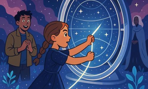Girl: Elira, determined and awestruck, light brown hair in a braid, midnight-blue dress with silver threads, reaching both hands to insert a huge glowing thread into a large circular polished-metal-and-glass loom; Boy: Merrin, ~16, surprised smiling expression, short tousled hair, khaki jacket, standing slightly left behind Elira with hands clasped; Woman: the Keeper of the Loom, ageless but elderly-looking, moon-colored flowing robe, mysterious silhouette, standing right and slightly back with a faint smile; Setting: a starry plain whose ground looks like stardust under a low sky of pink and violet nebulas, cyan bioluminescent plants in the foreground; Central object: a dominant circular loom with silver rings and luminous threads forming a tapestry studded with tiny stars; Mood and style: soft magical light, high contrast, limited palette of blues, violets, silver and touches of pink, flat shadows, simple geometric shapes, bold outlines, flat color areas, minimal texture, clear readable expressions for children.