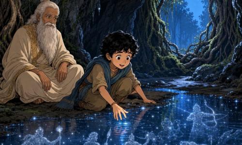 A young boy named Arjun with an oval face, tan skin, slightly curly black hair and wide, smiling, amazed eyes wears a simple earth-toned tunic and a worn blue shawl; he crouches at the edge of a crystalline pool, hand reaching toward its star-patterned reflections, attentive and awed. An elderly sage of about 70, frail but upright with a long white beard and a cream robe embroidered in gold, sits against a banyan root to Arjun’s left, watching benevolently with hands folded on his knees. Translucent, silvery-blue reflections of ancient stellar figures—heroes and mythical animals—appear in the water like faint mirror images. The setting is a damp cave with dark stone walls veined gray-green, fine stalactites and emerald moss, the entrance framed by thick roots and an old banyan; a bluish moonlight glow filters in, casting shimmering reflections on the pool. The scene is contemplative and magical: Arjun discovering the stories of the stars while the sage observes, with deep cave shadows contrasted against silvered water; visual style: clear lines, soft contrasted colors, readable expressions, children’s Franco-Belgian aesthetic, semi-wide framing showing Arjun, the sage and the pool in the foreground.