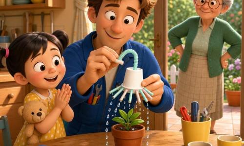 An inventor named Tom, smiling and focused, tousled light brown hair, round mischievous eyes, wearing a blue jacket with pockets full of tools, holds a makeshift plastic watering-hat with a foam brim and soft straw; a five-year-old girl, Mia, with black pigtails and a yellow dress with white polka dots, stands left of Tom holding a teddy and clapping; Mrs. Green, about 70, gray hair in a bun and round glasses, watches fondly from the garden door with hands on her hips; a sunny kitchen opening onto a small garden—light wood table with a blue notebook, soft tools, a potted plant on the window sill, cups, a checkered cloth and warm tiles; Tom tests the watering-hat on a small potted plant on the table as regular drops fall in a circle, Mia applauds and Mrs. Green smiles from the doorway; warm atmosphere, vivid colors, soft textures, composition centered on the table and prototype.