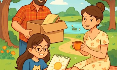 There are three characters: Maya, a 10-year-old girl with long brown hair and round glasses, wearing a blue t-shirt with a cat design and denim shorts, sitting cross-legged on green grass, holding a sketchbook; Dad, a man around 35 with short hair and light stubble, wearing a red plaid shirt and jeans, standing next to Maya, smiling and holding a large moving box; and Mom, a woman about 33 with brown hair in a bun, wearing a light floral dress and sandals, sitting on a picnic blanket, looking at Maya tenderly with a cup of tea in hand. The setting is a sunny park with large green trees providing shade, colorful flowers lining the path, and a small shimmering lake in the distance where ducks swim peacefully. The sky is blue with a few fluffy white clouds. The main situation shows Maya, Dad, and Mom preparing for a picnic. Maya is drawing a big sun in her sketchbook while Dad opens the box to take out sandwiches and Mom pours tea into cups. The atmosphere is warm and joyful despite the changes in their lives.