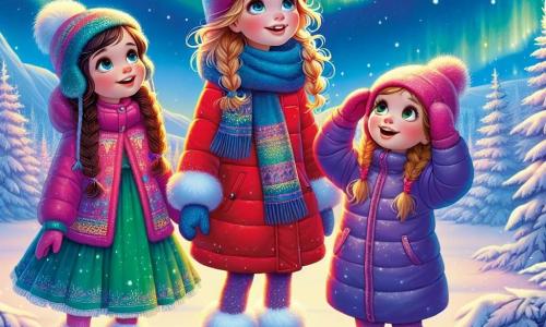 Trzy dziewczynki, Zosia, Ania i Kasia, stoją w centrum pięknej, zaśnieżonej polany. Zosia, lat 8, ma na sobie jasną czerwoną kurtkę i pasujący czapkę, a jej kręcone brązowe włosy wystają z nakrycia głowy. Patrzy z zachwytem na niebo. Ania, również lat 8, nosi niebieską parkę i kolorowy szalik, a jej blond warkocze opadają na ramiona. Wskazuje palcem na światła na niebie. Kasia, najmniejsza, ma 7 lat, jest ubrana w fioletową kurtkę i różową czapkę, a jej kasztanowe włosy są związane w kucyk. Uśmiecha się, a jej oczy błyszczą z ekscytacji. Scena rozgrywa się w zaczarowanym lesie, gdzie drzewa pokryte są grubą warstwą lśniącego śniegu, a ziemia usłana jest białymi płatkami. Niebo ma głęboki niebieski kolor, usiane jasnymi gwiazdami, a nad nimi tańczy piękna zorza polarna, oświetlając noc żywymi kolorami. Dziewczynki podziwiają piękno zorzy polarnej, zachwycone magicznym spektaklem nad ich głowami, dzieląc się śmiechem i opowieściami o zimowych legendach.