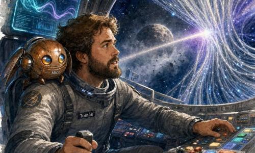 Tomás, biólogo de rosto redondo e barba, com expressão tensa e alívio contido, veste um traje espacial cinza e, com uma mão no painel e outra num manete, olha pela grande cúpula; o drone Mico, pequeno e arredondado cor cobre com asas dobradas e olhos azul-âmbar, repousa no seu ombro direito pronto para voar; a IA Lira surge numa tela traseira como padrões ondulados turquesa e violeta exibindo gráficos; a cabine metálica e compacta tem painéis e uma grande verificação semicircular para o exterior, onde uma nuvem imóvel de fios luminosos, como uma cortina prateada com reflexos azuis, envolve o cenário e, ao fundo, um mundo rochoso enevoado; Tomás ativa uma baliza de confirmação desde o cockpit, um raio atravessa a cúpula e encontra a nuvem que se ilumina em ondas, momento de tensão suspensa.