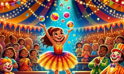 Una niña de 10 años, Clara, con largos cabellos castaños y ojos brillantes de alegría, se encuentra en el centro de la escena, lanzando pelotas de colores al aire con una gran sonrisa. Lleva un traje de circo brillante, adornado con lentejuelas y rayas rojas y amarillas que brillan bajo las luces del circo. A su derecha, Ana, una malabarista experta de unos 25 años, con cabello rubio recogido y una cara sonriente, la anima levantando los brazos, lista para atrapar una de las pelotas. Ana viste un traje llamativo con motivos florales y colores vivos. A la izquierda, Tito, un payaso jovial de unos 30 años, con nariz roja y maquillaje colorido, ríe mientras sostiene una gran tarta de crema, listo para hacer una broma. Lleva un traje a rayas multicolores y grandes zapatos cómicos. El lugar es una gran carpa de circo, con luces brillantes colgando del techo y espectadores sentados en bancos de madera, todos cautivados por el espectáculo. La escena principal muestra a Clara, llena de determinación y alegría, haciendo malabares con las pelotas, mientras una de ellas vuela demasiado alto, creando un momento de sorpresa y risa entre el público y los artistas.