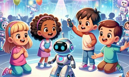 In het midden van de afbeelding staan vier kinderen van vijf jaar vrolijk in een grote futuristische ruimte. Links staat Lila, een meisje met lang blond haar, in een roze T-shirt met een grote glimlach erop. Ze kijkt met verwondering naar een robot die naast haar danst. Rechts staat Sam, een jongen met kort bruin haar, die lacht en naar de robot wijst. Hij draagt een blauw T-shirt. Achter hen straalt Noor, een meisje met krullend zwart haar, van blijdschap in een paars T-shirt terwijl ze de robot applaudisseert. Ten slotte staat Max, een jongen met kastanjebruin haar, iets verder weg in een groen T-shirt, met een afstandsbediening om de robot te besturen.

De achtergrond is een grote futuristische tent met doorschijnende muren, gevuld met kleurrijke lichten en glinsterende gadgets. Robots van verschillende vormen en maten zijn actief rondom hen, wat een feestelijke sfeer creëert. Ballonnen zweven aan het plafond en tafels zijn gevuld met heerlijke snacks.

De hoofdscène toont de kinderen die hun robot presenteren in een vrolijke sfeer, met gelach en applaus dat om hen heen weerklinkt. De robot, met grote expressieve ogen, danst op een leuke manier en trekt de aandacht van alle aanwezige kinderen.