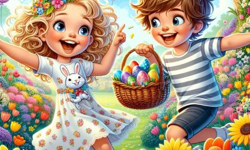An 8-year-old girl named Lily, with curly golden hair and sparkling joyful eyes, is jumping for joy in a colorful garden surrounded by vibrant flowers. She wears a light dress with bunny patterns and holds a wicker basket filled with colorful Easter eggs. Next to her is her friend Max, an 8-year-old boy with messy brown hair and a big smile, pointing at a shimmering egg hidden behind a tall sunflower. He is wearing a striped t-shirt and shorts, looking just as excited as Lily. The garden is filled with tulips, daisies, and tall sunflowers swaying gently in the sun. Colorful balloons float in the air, and a majestic oak tree stands in the background, providing shade and a magical atmosphere. The main scene shows Lily and Max in the middle of an Easter egg hunt, discovering hidden eggs while laughing and having fun, with a sense of joy and wonder lighting up their faces.
