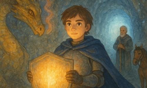 Un joven caballero, Álvaro, en el centro con rostro decidido y dulce, armadura ligera de acero patinado y capa azul noche, sostiene con ambas manos un brillante escudo que emite una cálida luz dorada; a la izquierda, un dragón adulto imponente pero benevolente, escamas doradas irisadas y ojos ámbar, se curva como ofreciendo el escudo y exhala bocanadas de aliento coloridas; al fondo a la derecha, en la entrada de la caverna, su mentor Sir Rodrigo (≈60 años) de cabello blanco y barba corta, con las manos sobre su bastón y mirada serena; el caballo Brío, alazán brillante, está atado cerca de la entrada y mira a Álvaro; la escena ocurre en una cueva amplia y abovedada con paredes de piedra rugosa y cristales brillantes, suelo húmedo que refleja la luz del escudo y estalactitas en el techo; la iluminación principal proviene del escudo, luz dorada cálida contrastando con reflejos azulados de la salida, creando una atmósfera mágica e íntima; composición en plano medio con ligera contrapicada para realzar al caballero y al dragón, profundidad marcada por la entrada luminosa; paleta de tonos dorados cálidos, azules profundos y grises piedra, texturas de acuarela granulada, lavados suaves y bordes ligeramente difuminados para un acabado tierno e infantil.