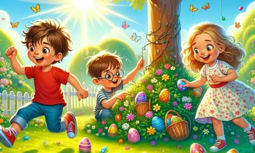 En un jardín soleado, tres amigos están en plena búsqueda de huevos de Pascua. Lucas, un niño de 8 años con cabello castaño desordenado y una camiseta roja, salta de alegría cerca de un gran árbol. Sofía, una niña de 7 años con cabello largo y rubio, lleva un vestido de flores y señala un huevo escondido detrás de una rama. Tomás, un niño de 8 años con gafas y cabello castaño, está agachado examinando un huevo azul brillante que acaba de encontrar en la hierba. El jardín está lleno de flores coloridas, mariposas revoloteando y huevos de Pascua multicolores escondidos por todas partes. Los amigos ríen y se animan mutuamente, creando una atmósfera alegre y festiva, llena de magia y asombro.