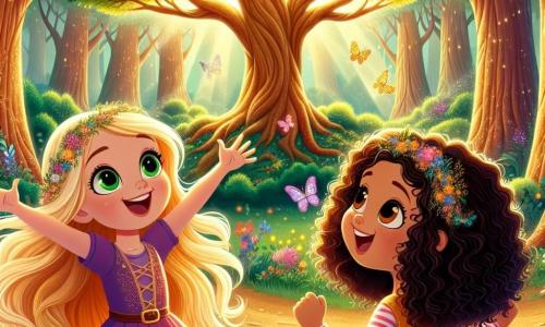 En un hermoso Bosque Encantado, dos niñas, Lucía y Sara, están en el centro de la escena. Lucía, de 8 años, tiene largos cabellos dorados que brillan al sol y ojos verdes. Sonríe alegremente, con los brazos levantados, como si estuviera cantando. A su lado, Sara, también de 8 años, tiene cabello negro y rizado, y ojos marrones. Lleva un vestido colorido y mira a Lucía con entusiasmo, con las manos juntas frente a ella. Alrededor, el Bosque Encantado está lleno de grandes árboles con troncos gruesos y hojas brillantes, iluminadas por una suave luz dorada. Flores multicolores crecen a sus pies, y mariposas brillantes danzan en el aire, añadiendo un toque de magia al entorno. Al fondo, un árbol majestuoso, el corazón del Bosque, se alza con ramas extendidas. Sus hojas son opacas, pero una luz dorada comienza a emanar del corazón de las dos niñas, iluminando el paisaje. La escena captura el momento en que cantan juntas, uniendo sus voces para dar vida al árbol mágico, simbolizando la fuerza de su amistad.