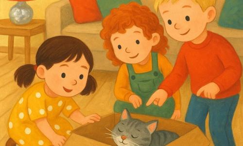 Vier personages: Noor, meisje 4 jaar, bruin haar in twee staartjes, gele jurk met witte stippen, gehurkt links, voorzichtig hand uitgestoken naar de kat; Sam, jongen 4 jaar, kort lichtblond haar, rode trui, rechts, wijst met een nieuwsgierige glimlach naar de doos; Lina, meisje 4 jaar, rood krullend haar, groene tuinbroek, achter Noor, handen op knieën, gebogen om te kijken; Kattom, mannelijk katje, grijs gestreept met witte pootjes en glinsterende glans rond de snuit, ligt spinnend in een open kartonnen doos bekleed met zilverpapier. Plaats: gezellig, licht woonkamer met licht houten vloer, omgekeerd glazen potje met stickers, kruimels op de grond, lamp in een met aluminium beklede doos, grote beige bank met kleurrijke kussens. Hoofdsituatie: de drie kleuters ontdekken de kat in de zilverbeklede doos, warme vrolijke scène met verbaasde en vertederde gezichten, verspreide glitters en zachte pasteltinten.
