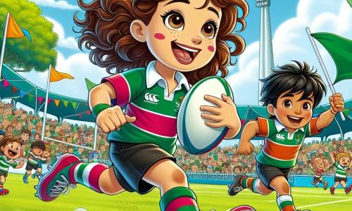 Una ragazza di 12 anni, Sofia, con i capelli ricci e castani e occhi scintillanti di gioia, corre su un campo da rugby verde, con un ampio sorriso sul volto. Indossa una maglietta da rugby colorata e un pantaloncino, tenendo saldamente un pallone da rugby sotto il braccio, piena di energia e determinazione. Accanto a lei, Marco, un ragazzo di 12 anni con capelli neri e occhi marroni, la incoraggia con un grande sorriso, indossando la maglietta della squadra e tenendo un altro pallone da rugby. Si trova leggermente indietro, pronto a passarle la palla. Il campo è circondato da spettatori entusiasti, con alberi verdi sullo sfondo e un cielo blu splendente. Bandiere colorate sventolano ai lati, aggiungendo un'atmosfera festosa alla scena. Sofia sta correndo verso la linea di meta, pronta a segnare un punto decisivo per la sua squadra, mentre l'eccitazione e l'adrenalina si leggono sul suo volto.