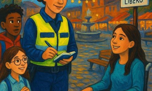 Una agente di polizia di circa 35 anni dal volto aperto e sereno sorride; indossa una giacca riflettente giallo e blu e una pettorina della polizia locale, capelli castani raccolti in uno chignon, tiene un piccolo taccuino aperto nella mano sinistra e una penna nella destra, postura rassicurante e sguardo caldo, accanto a lei in primo piano a destra Giulia, ragazza di circa 16 anni con capelli castani lunghi su una sedia a rotelle grigia, espressione sollevata e mano sulla ruota; a sinistra Amir, ragazzo di circa 13 anni con grande giacca rossa e zaino blu, ciuffo ribelle, sguardo curioso, e vicino a lui Sofia, ragazza di circa 14 anni con occhiali rotondi e apparecchio, uniforme chiara, sorriso ammirato e mani giunte; la piazza lastricata è illuminata da lampioni gialli, con panchine in legno, una fontana di pietra al centro, bancarelle colorate sullo sfondo, pavimento bagnato con leggero effetto riflettente e lucine sospese; l'agente ha applicato su un piccolo palo un cartello adesivo PASSAGGIO LIBERO vicino a un corridoio tra le bancarelle permettendo a Giulia di passare comodamente; atmosfera di festa di quartiere all'inizio della sera, colori contrastanti caldi e freddi, luce soffusa, composizione centrata, dettagli nitidi (tessuti, riflessi sui ciottoli, etichetta visibile), stile pittura acrilica a pennellate visibili, palette vivida e inclusiva.