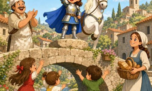La caballera Alba, alegre y orgullosa, sonrisa radiante y ojos brillantes, casco plateado pulido, capa azul ondeante y armadura ligera con detalles dorados, sostiene una pequeña campanilla de plata sobre una piedra; Brisa, el caballo blanco, a su lado con crin sedosa y mirada dulce, levantando una pata junto a la piedra; al fondo a la izquierda, el panadero de unos 40 años con delantal enharinado aplaude con amplia sonrisa y lleva un pequeño sombrero redondo; tres niños corren hacia el puente: una niña de 6 años con vestido rojo, una niña de 4 años con peto amarillo y un niño de 7 años con camisa verde, saltan y levantan los brazos desde la base del puente; a la derecha, una madre de unos 30 años camina con una cesta de pan hacia la multitud; escenario: puente de piedra claro sobre un río pequeño y brillante, adoquines irregulares, orillas verdes y casas de piedra con tejados rojos a lo lejos bajo un cielo luminoso; escena principal: Alba en una roca del puente haciendo sonar la campanilla din-don y los aldeanos, niños y adultos, que salen alegres para la fiesta; luz cálida, colores vivos y ambiente acogedor y reconfortante.