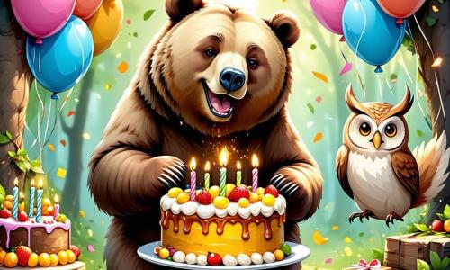 Un grande orso bruno di nome Berto, con un sorriso gioioso e occhi scintillanti, si trova al centro di un prato soleggiato, circondato da palloncini colorati e ghirlande di fiori. Sta soffiante sulle candeline di una magnifica torta al miele, decorata con frutti di bosco e fiori di zucchero, con un'espressione di eccitazione e felicità sul volto. Accanto a lui, un piccolo scoiattolo dai peli rossi e occhi brillanti, di nome Chippy, salta di gioia, tenendo un piccolo regalo tra le zampe anteriori, con un sorriso radioso. Un gufo saggio, posato su un ramo, osserva la scena con uno sguardo benevolo, le sue piume grigie e bianche si mescolano al verde delle foglie, mentre sorride dolcemente, orgoglioso del suo amico. La scena si svolge in un prato verdeggiante, baciato dalla luce dorata del sole, con fiori colorati sparsi intorno e bolle scintillanti che fluttuano nell'aria, creando un'atmosfera magica e festosa. In mezzo a questa festa di compleanno, Berto è circondato dai suoi amici, pronti a celebrare insieme, pieni di gioia ed entusiasmo.