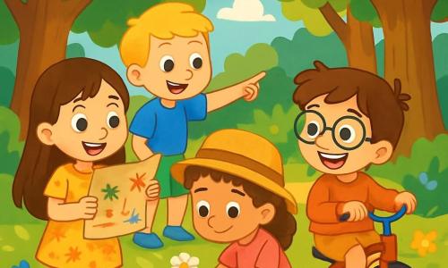Hay 4 niños: - Lucía: una niña de 8 años, con cabello largo castaño y ojos brillantes. Lleva un vestido amarillo con flores y sostiene un mapa del tesoro. - Tomás: un niño de 9 años, con cabello corto y rubio, que lleva una camiseta azul y un pantalón corto verde. Está señalando una planta. - Carla: una niña de 8 años, con cabello rizado y un sombrero de paja. Lleva una camiseta rosa y un pantalón de mezclilla. Está agachada, observando una pequeña flor. - Emilio: un niño de 7 años, con cabello castaño y gafas. Lleva un sudadera roja y un pantalón corto. Está sentado en su triciclo, sonriendo alegremente. Los niños se encuentran en un hermoso bosque verde, rodeados de árboles majestuosos con troncos gruesos y hojas brillantes. Flores coloridas salpican el suelo, y un suave rayo de sol filtra a través de las ramas, creando un juego de sombras danzantes. La situación principal de la historia muestra a los niños preparando un juego de pistas ecológico. Ríen e intercambian ideas, mientras dibujan plantas y animales en hojas de papel. La atmósfera es alegre y llena de energía, con risas resonando en el aire fresco de la mañana.