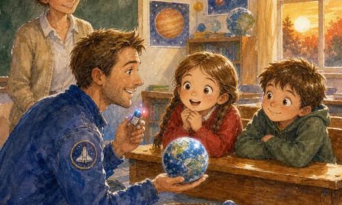 Un astronauta uomo sorridente, capelli castani corti, con giacca d'allenamento blu e piccolo stemma della navetta, tiene nella mano sinistra una mini Terra luminosa e mostra con la destra un piccolo apparecchio che bip, la maestra Carla (30–40 anni, capelli castani raccolti) sta vicino alla lavagna a sinistra e osserva benevola; in prima fila la bambina Nina (circa 7 anni, due trecce, maglione rosso) è con le mani sul banco a guardare la mini Terra e accanto a lei il ragazzo Tommaso (circa 7 anni, capelli corti, sorriso malizioso) si sporge curioso; la classe è luminosa con banchi in legno verniciato, grande lavagna verde, poster dei pianeti, una finestra a destra con tramonto arancione e una corda a formare un'orbita sul pavimento; scena calda e vivace, i bambini affascinati, la maestra supervisiona calma; stile acquerello pastello con trama di carta visibile, ombre morbide e riflessi bianchi sulla mini Terra e sugli occhi brillanti dei bambini.